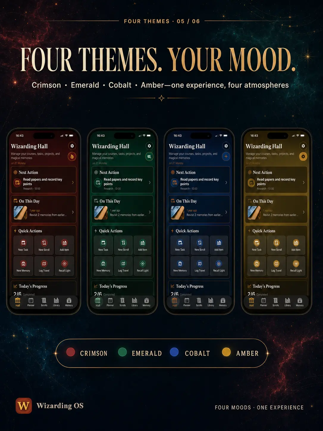 Four Wizarding OS interface themes in crimson, emerald, cobalt, and amber